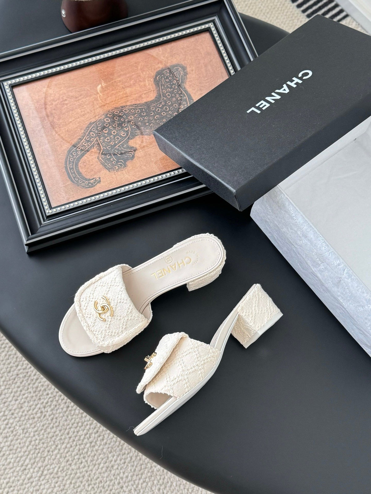 Chanel Women Cream Tweed Slides