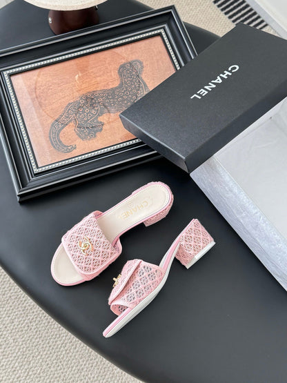 Chanel Women Pink Woven Leather Slides