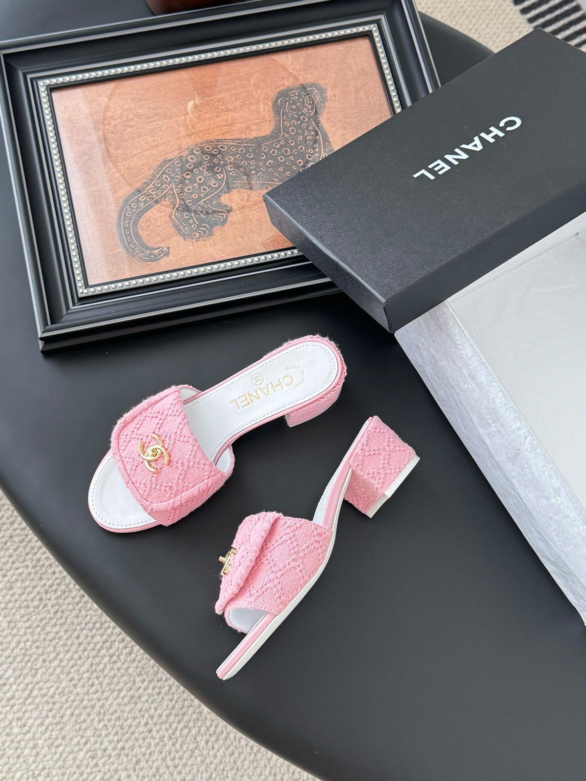 Chanel Women Pink Tweed Slides