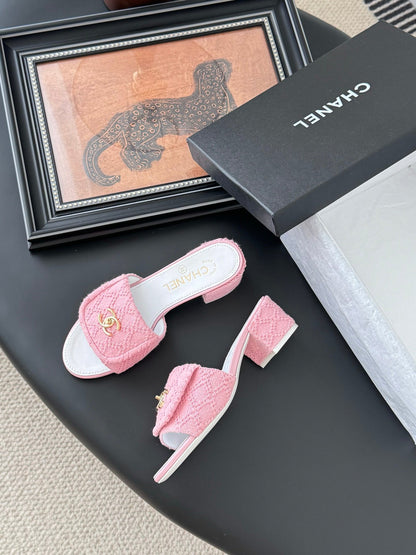 Chanel Women Pink Tweed Slides
