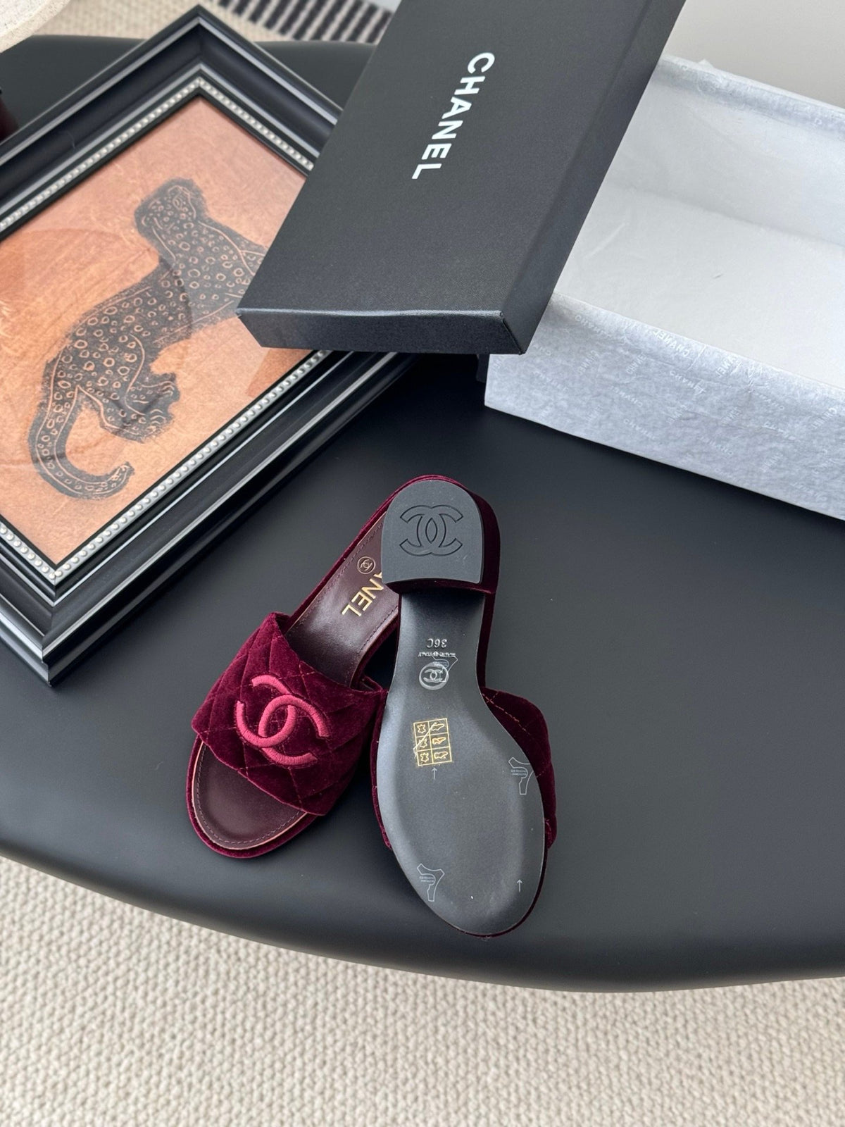 Chanel Women Burgundy Velvet Slide Sandals
