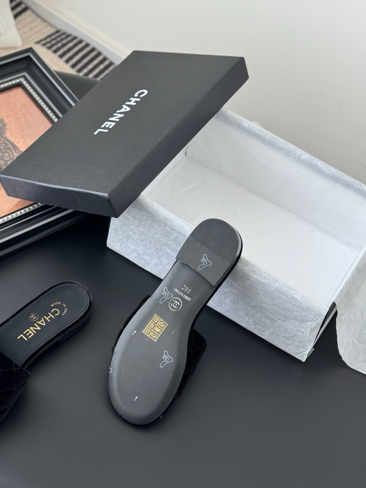 Chanel Women Black Velvet Quilted Slides