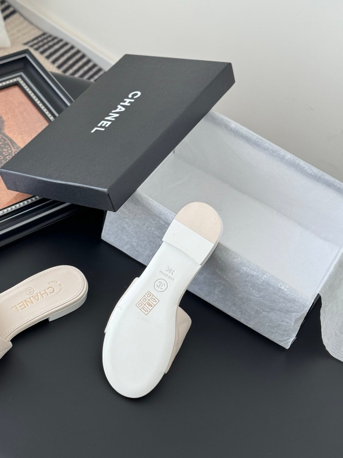 Chanel Women Cream Quilted Leather Slides