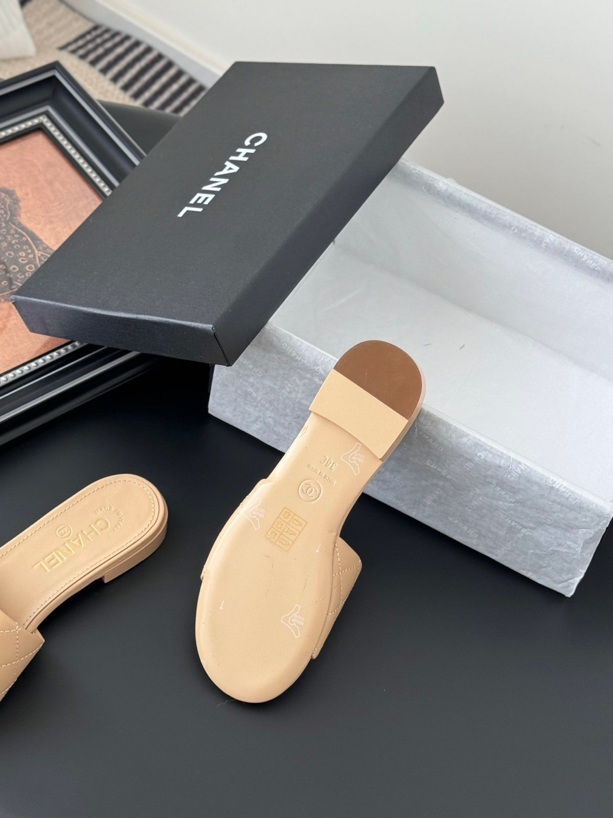 Chanel Women Beige Quilted Leather Slides