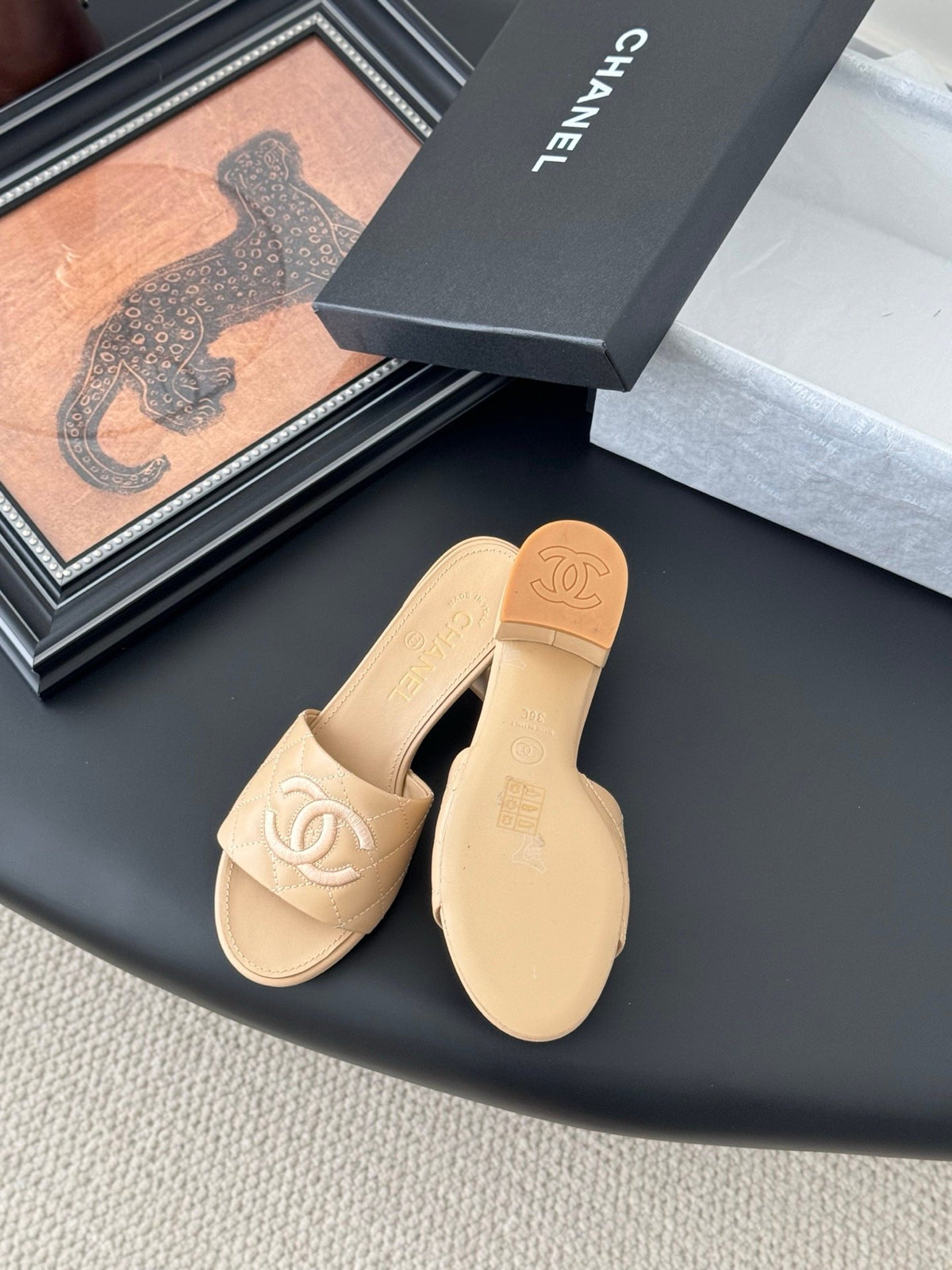 Chanel Women Beige Leather Quilted Slides