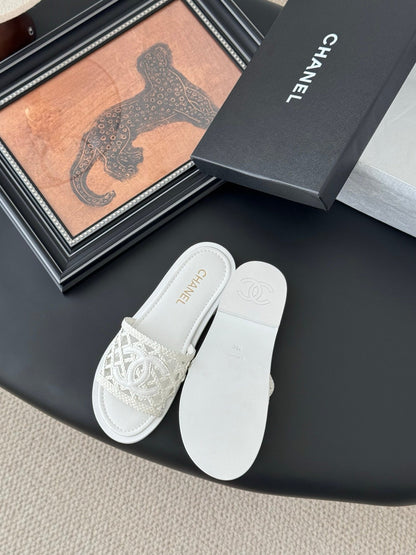 Chanel Women White Woven Leather Slides