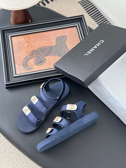 Chanel Women Navy Fabric And Rubber Sandals