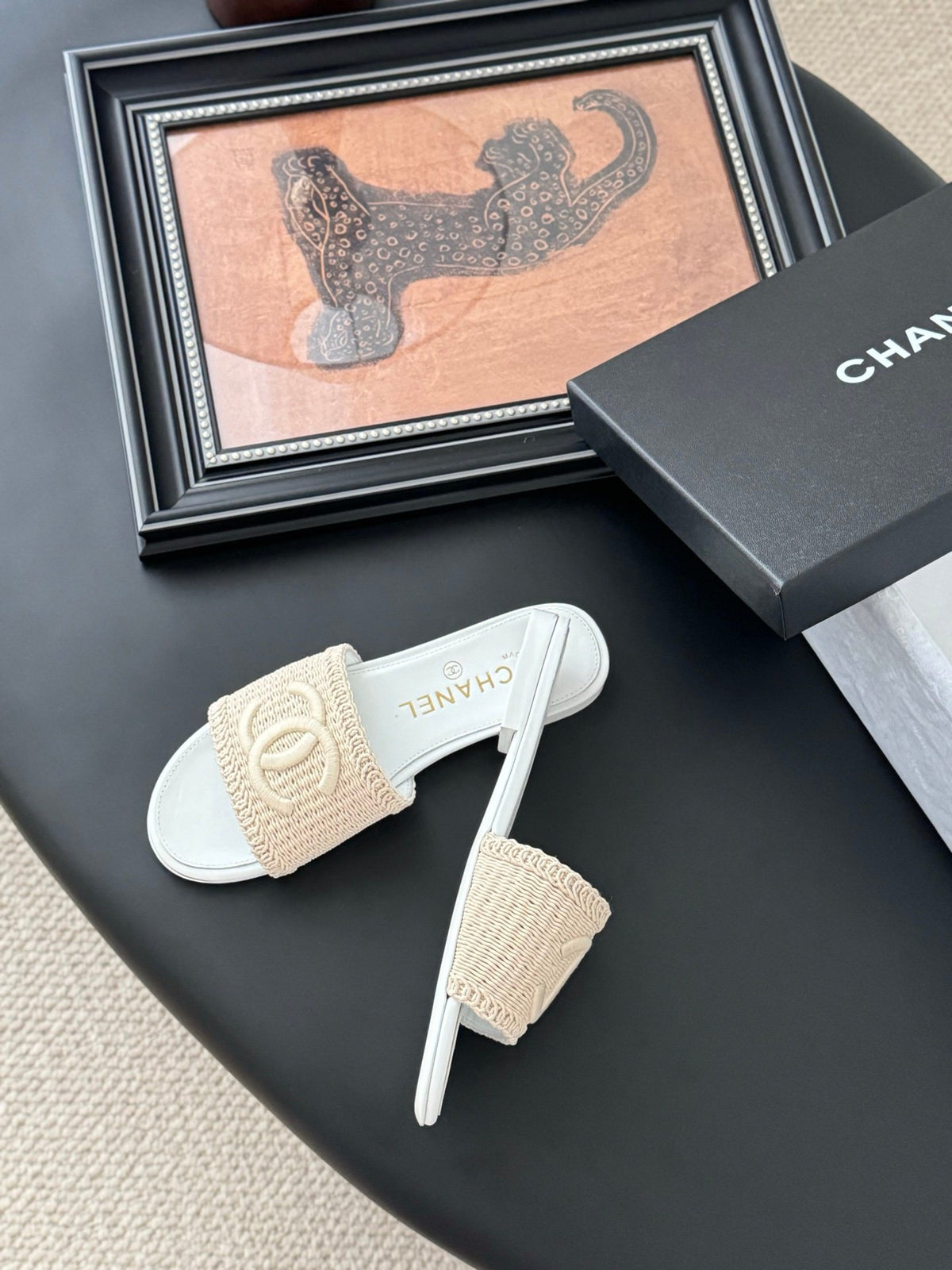 Chanel Women Beige Woven Fabric Slides