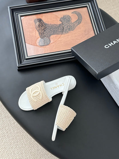 Chanel Women Beige Woven Fabric Slides