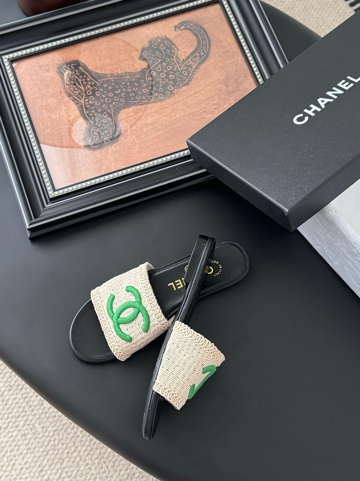 Chanel Women Beige Fabric Green Logo Slides