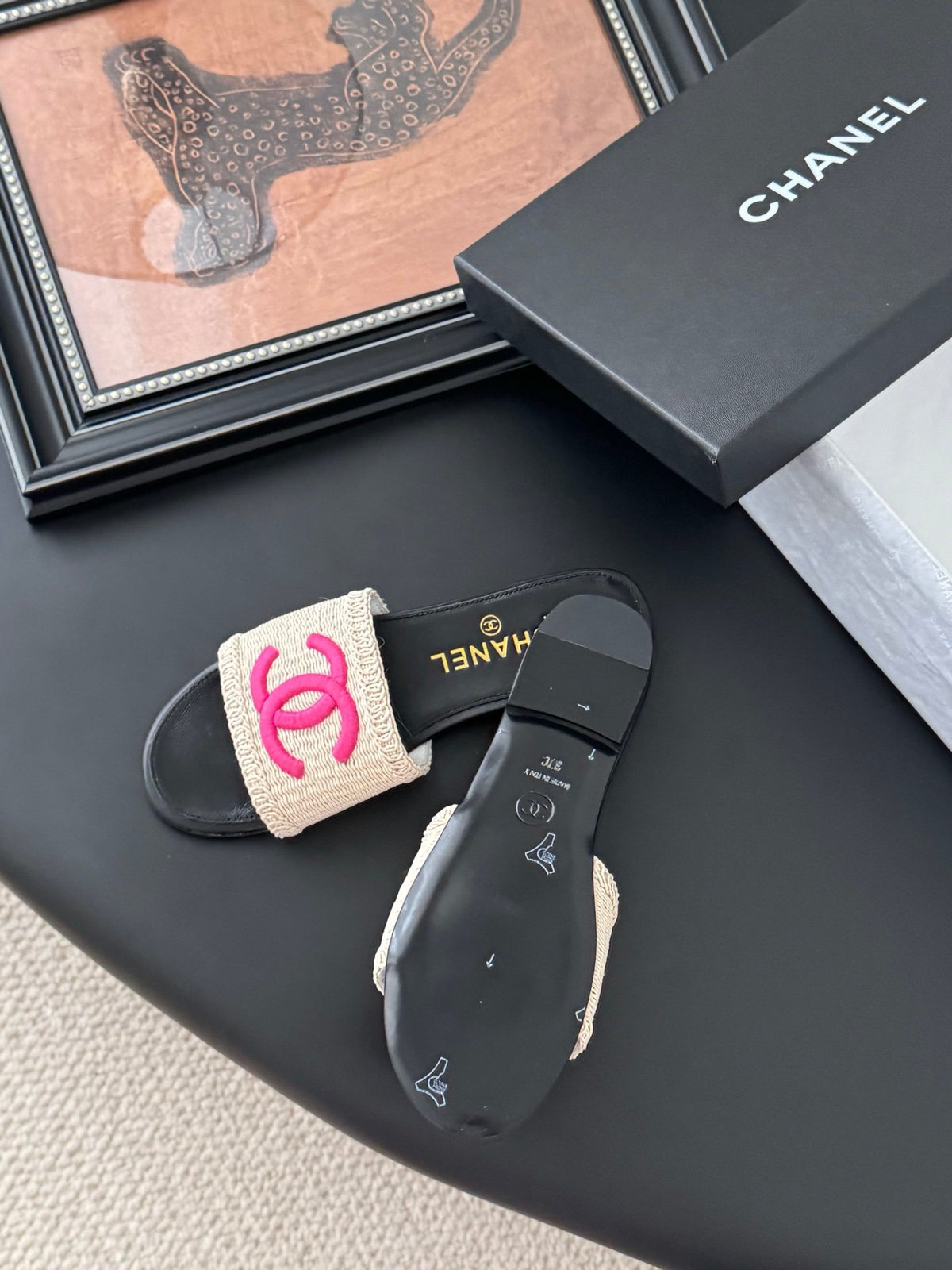 Chanel Women Black Leather And Beige Fabric Slides