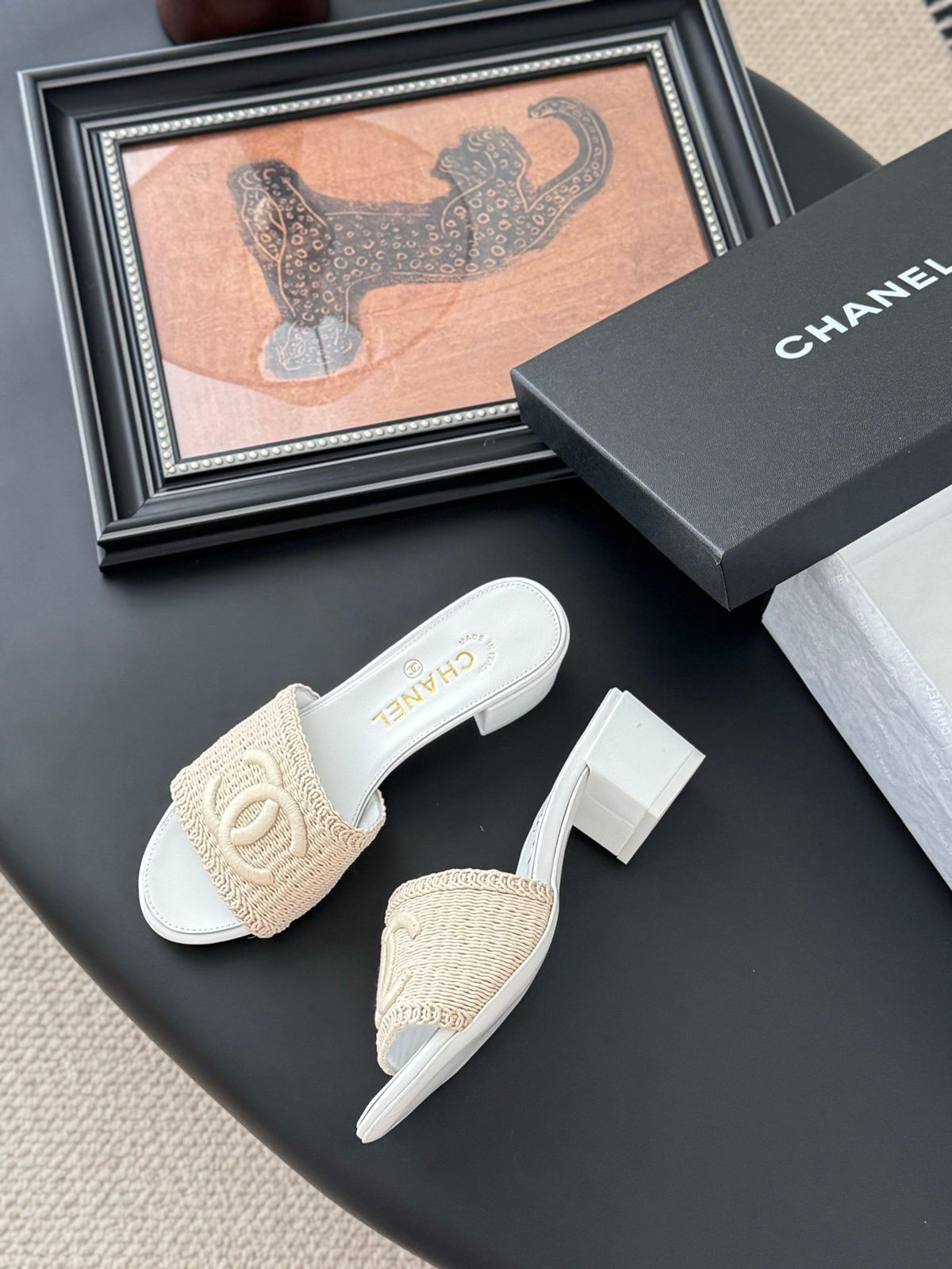 Chanel Women Beige Woven Fabric Slides