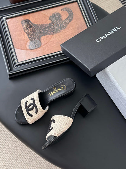 Chanel Women Beige Woven Fabric Black Leather Slides