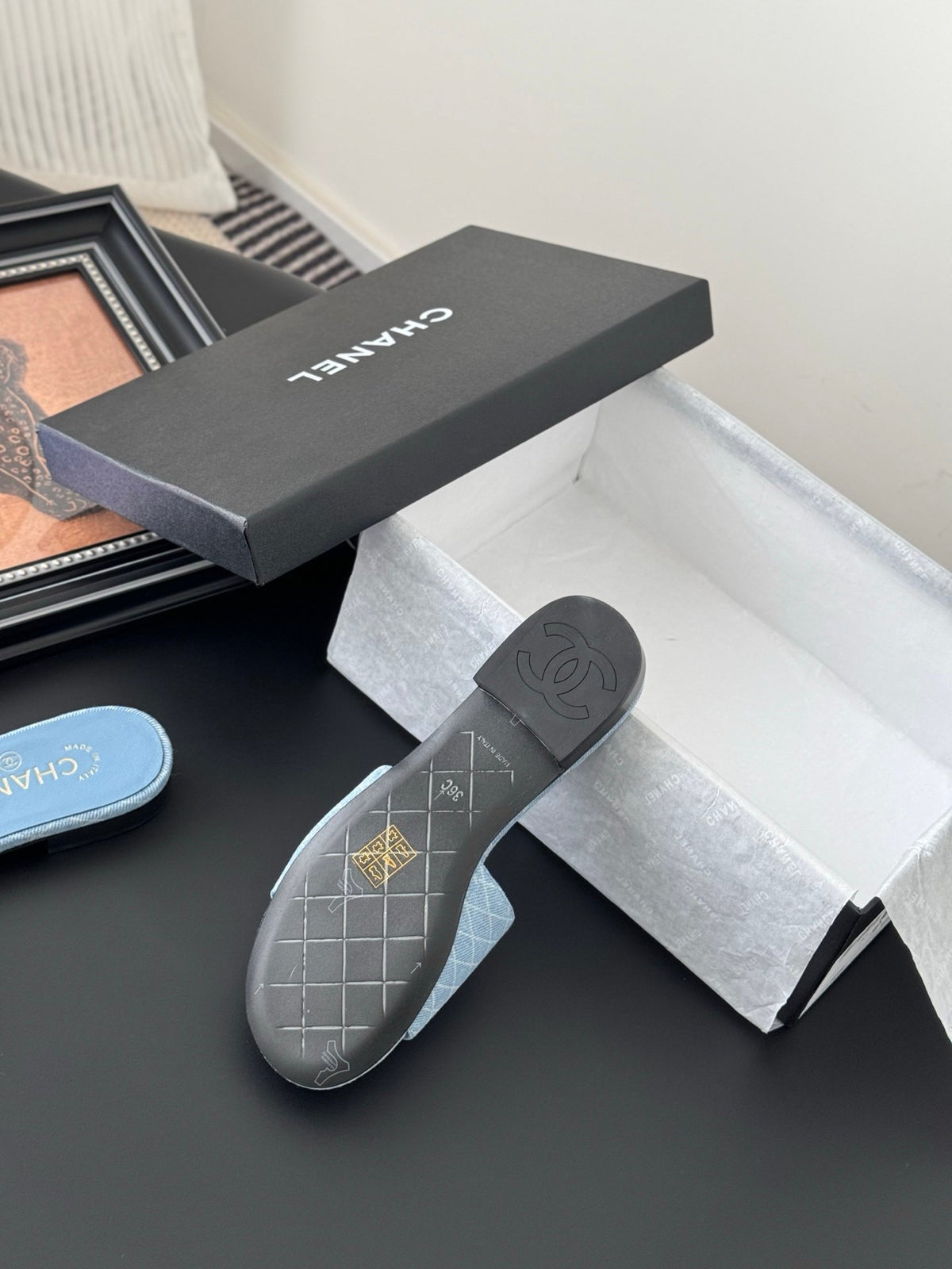 Chanel Women Light Blue Fabric Slides