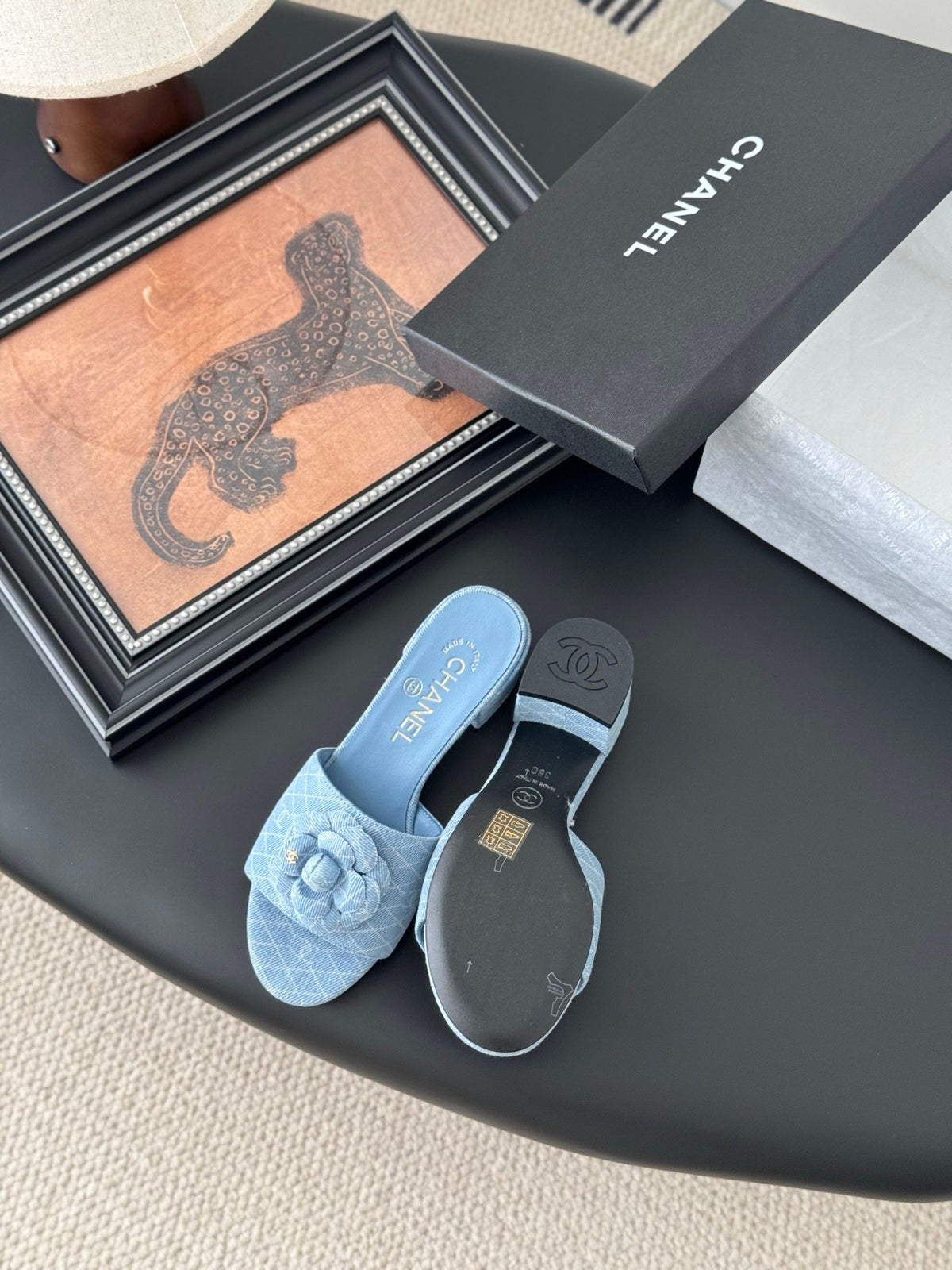 Chanel Women Light Blue Fabric Floral Slide Sandals