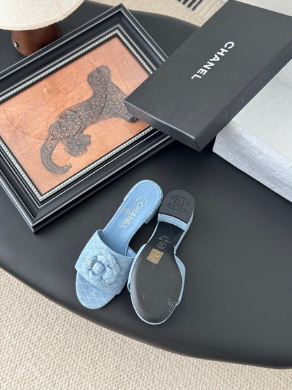 Chanel Women Light Blue Fabric Floral Slide Sandals