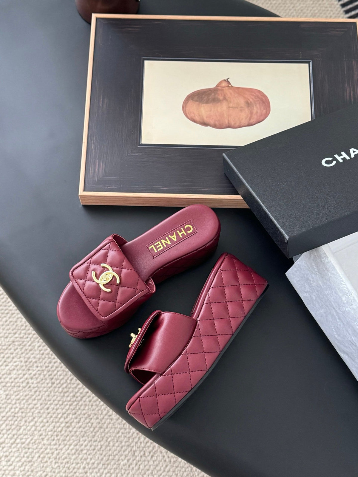 Chanel Women Burgundy Quilted Leather Slides