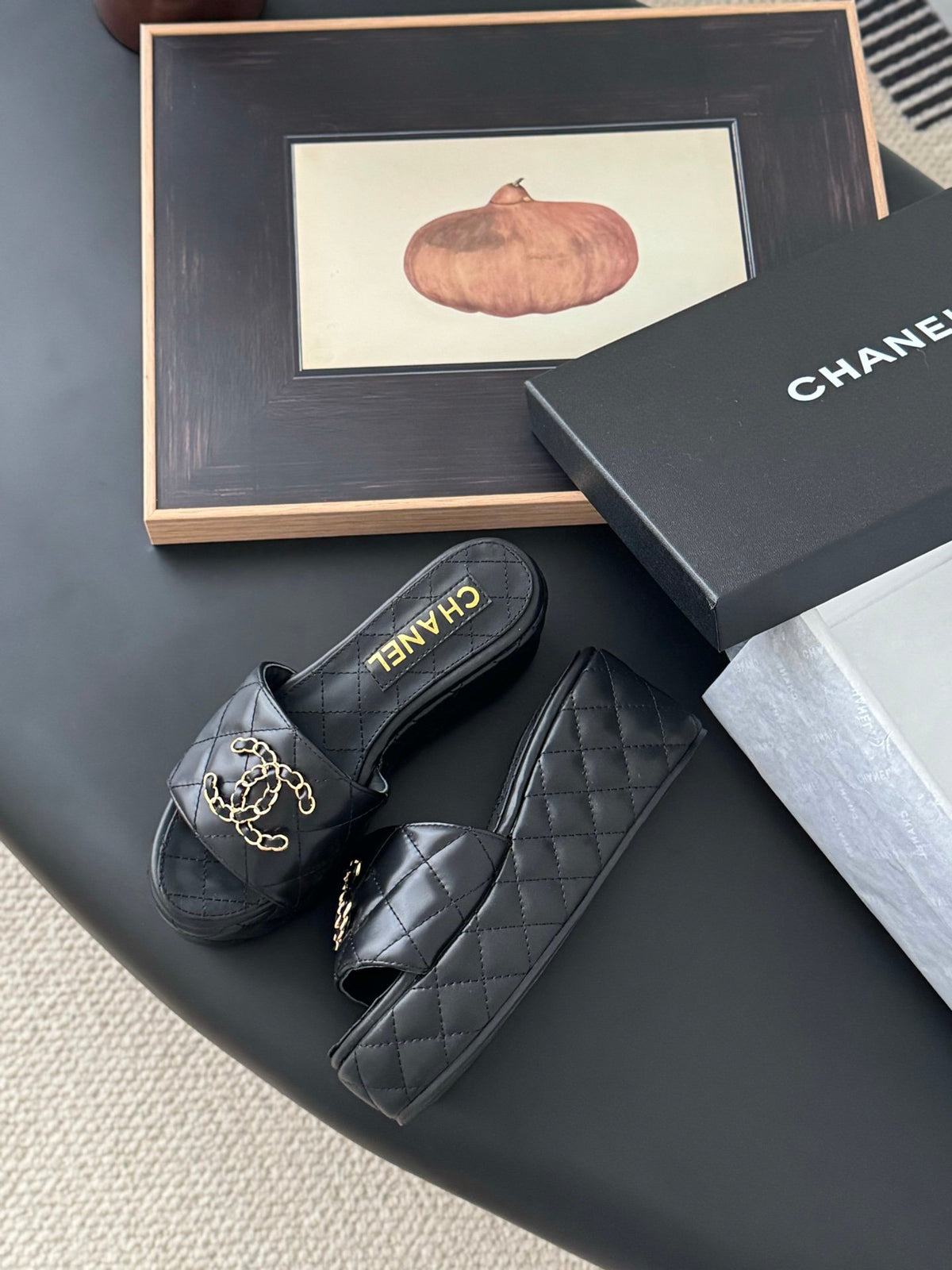 Chanel Women Black Leather Quilted Slides