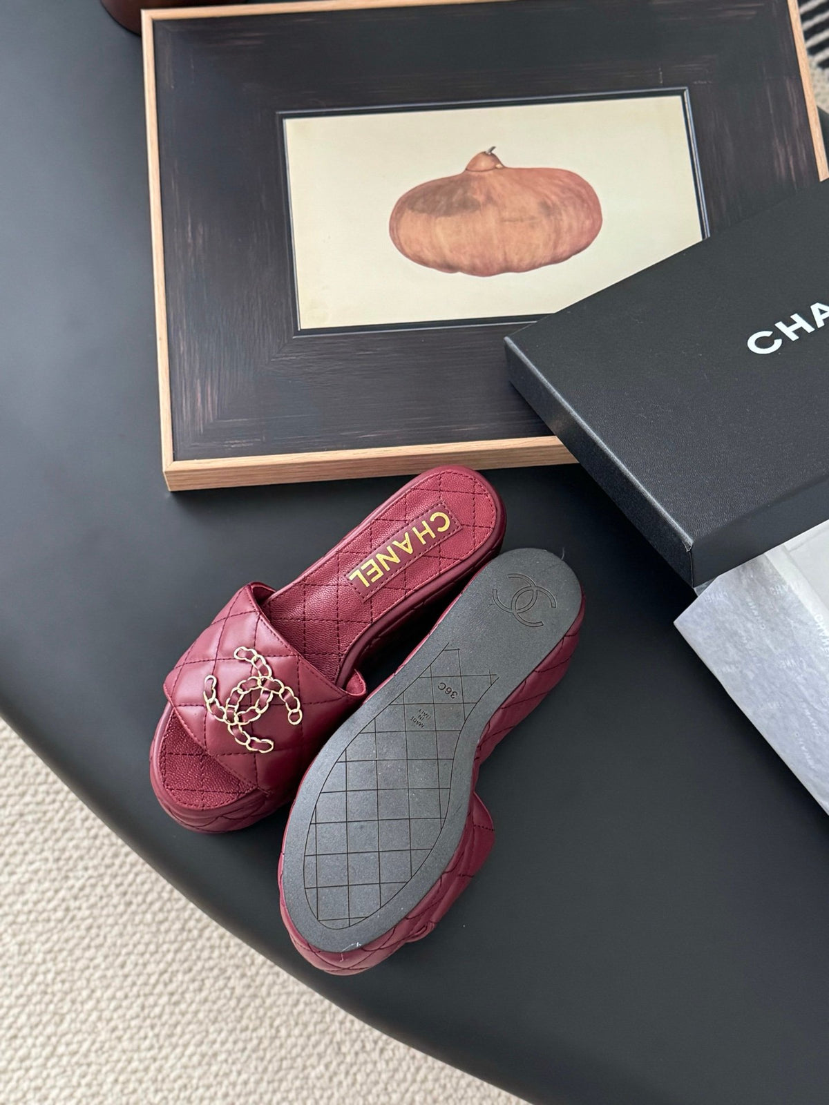 Chanel Women Burgundy Quilted Leather Slides