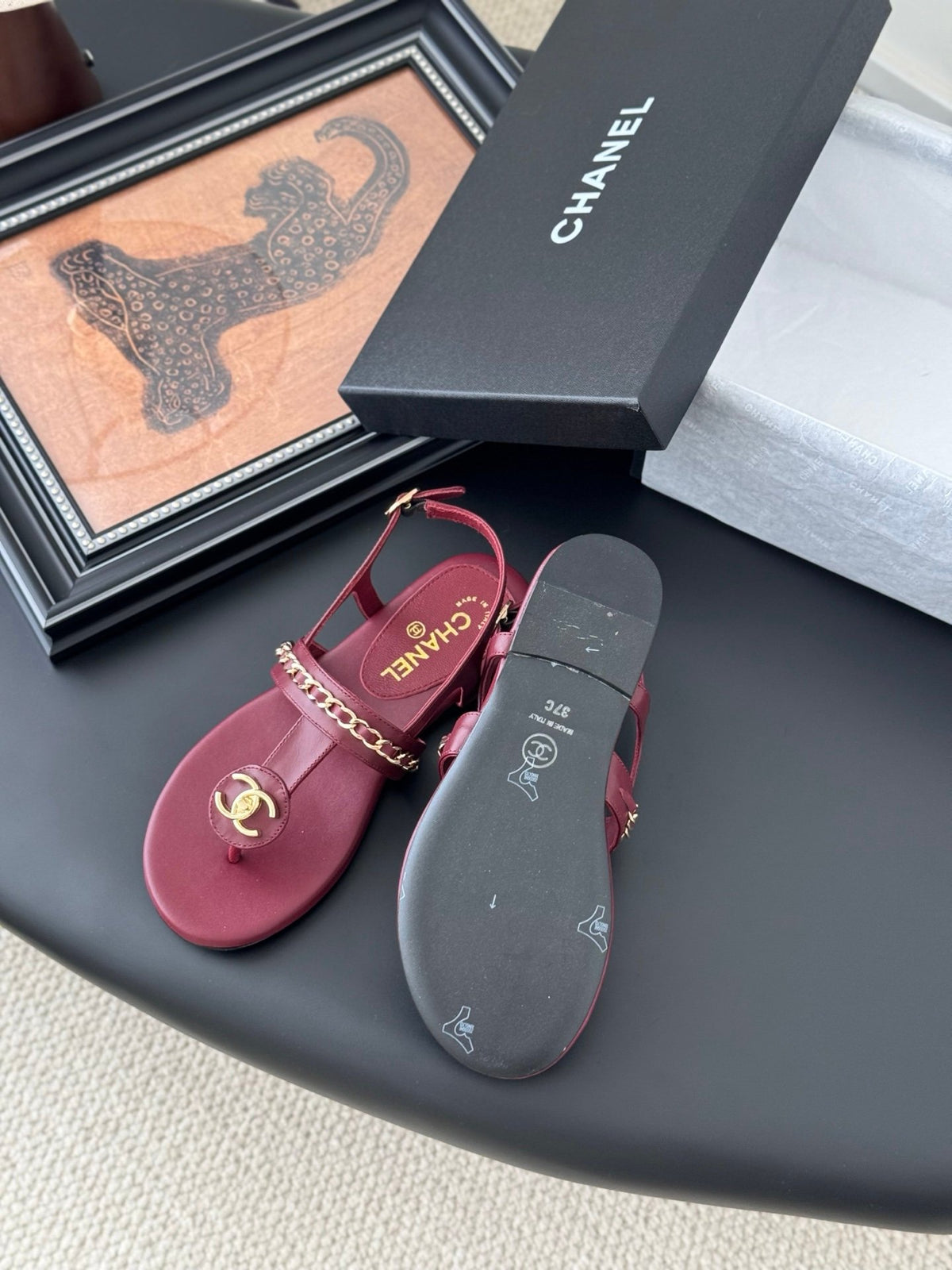 Chanel Women Burgundy Leather Sandals