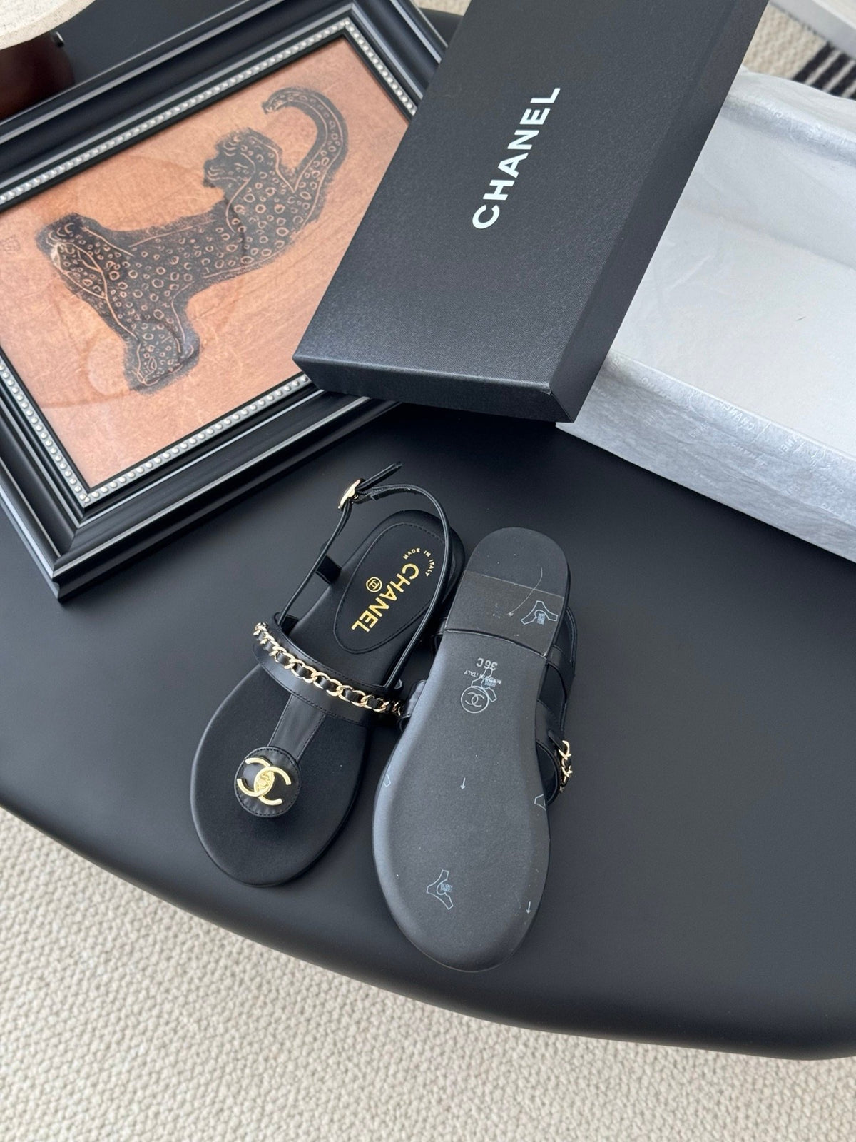 Chanel Women Black Leather Chain Detail Sandals