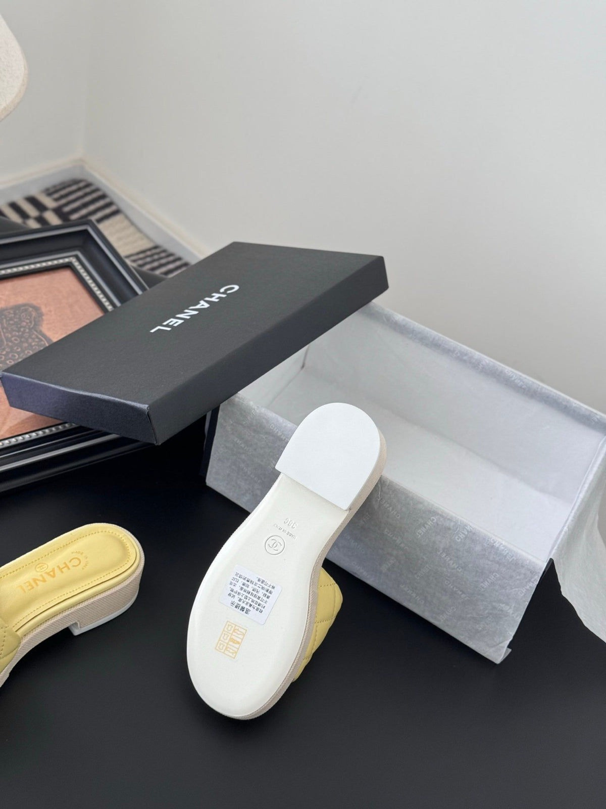 Chanel Women Yellow Quilted Leather Slides