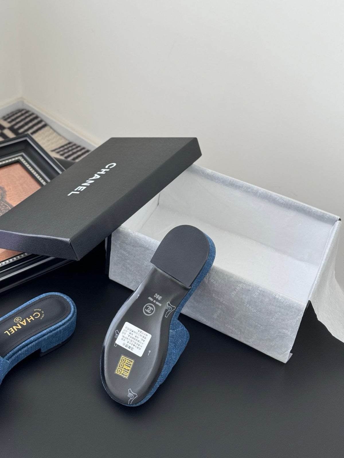 Chanel Women Blue Denim Slides