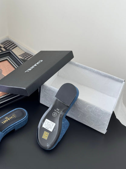 Chanel Women Blue Denim Slides
