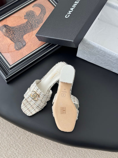 Chanel Women Cream Tweed Slides