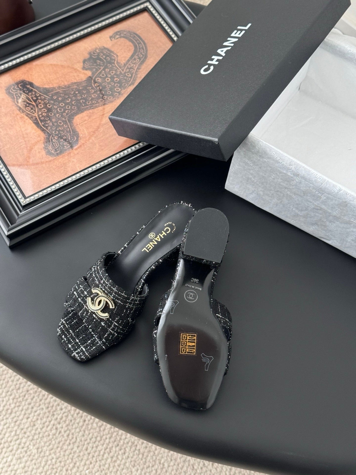 Chanel Women Black Tweed Mules