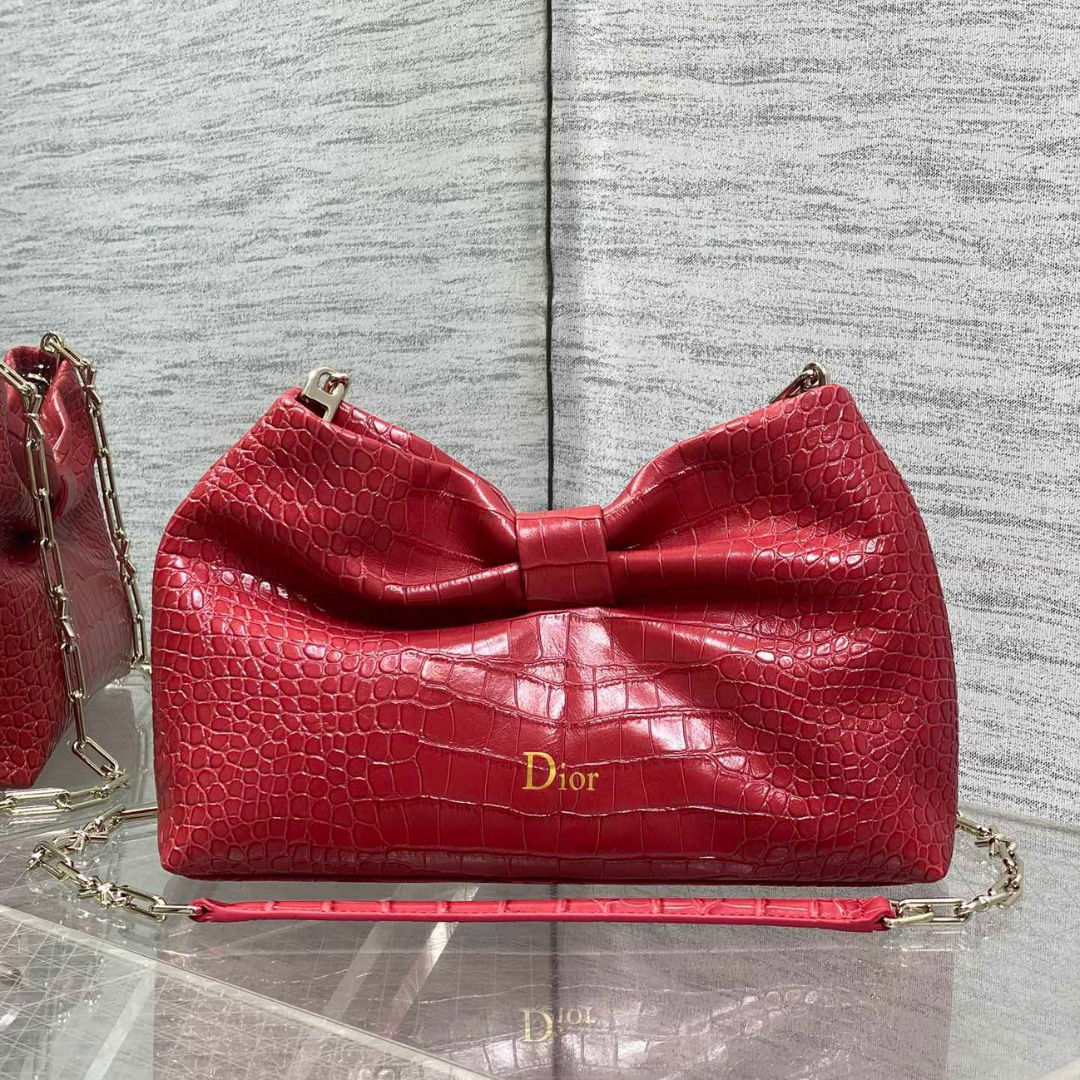 Dior Bow Bag Small Red Crocodile-Embossed