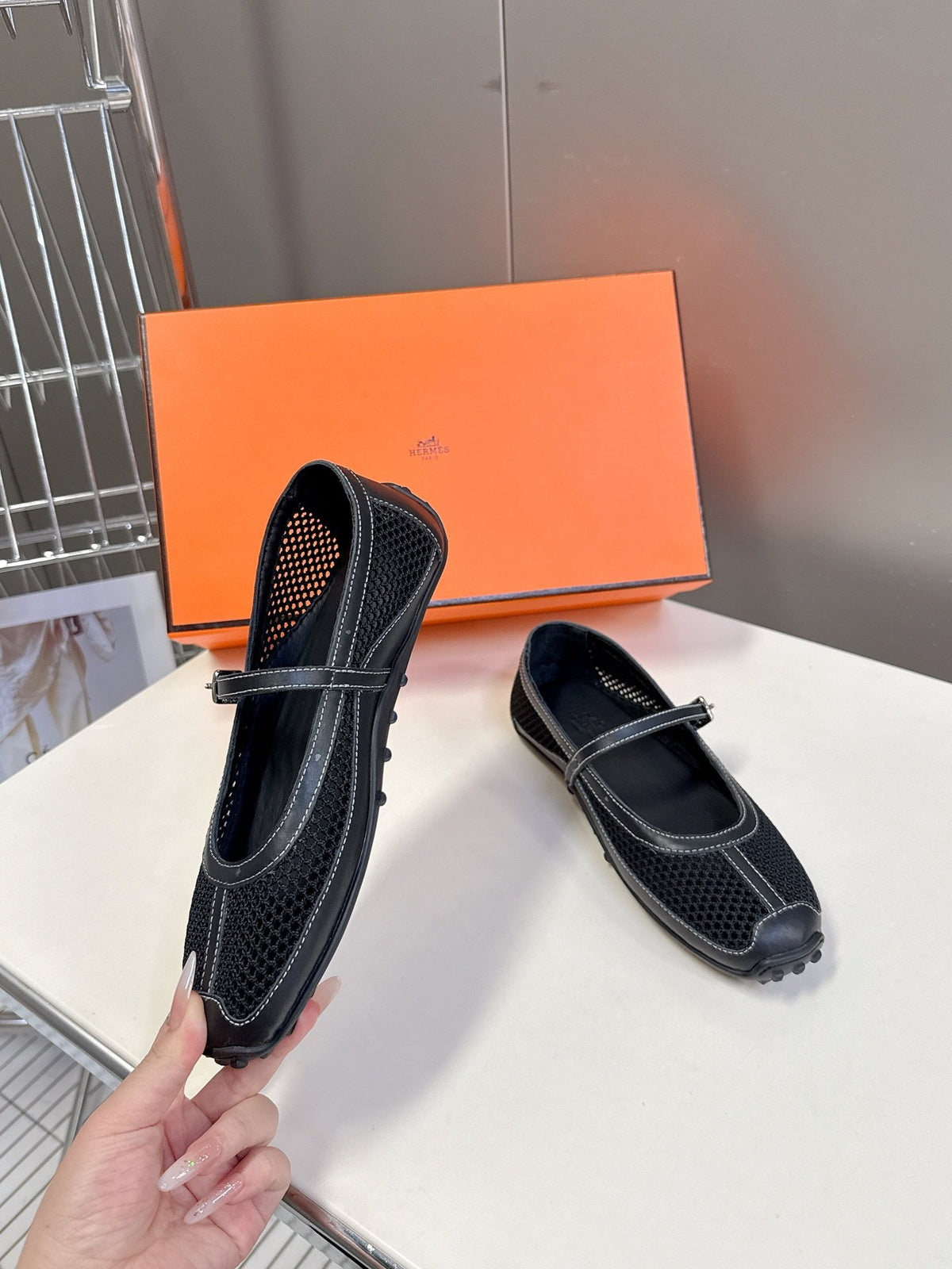 Hermes Women Black Mesh Leather Mary Janes