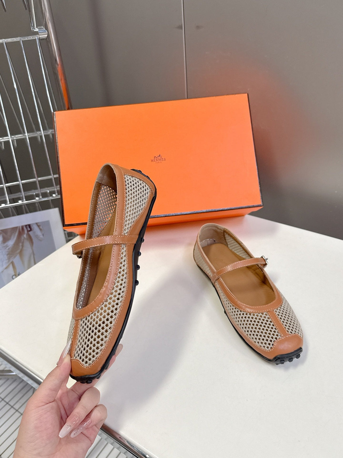 Hermes Women Beige Leather Mesh Mary Jane Flats