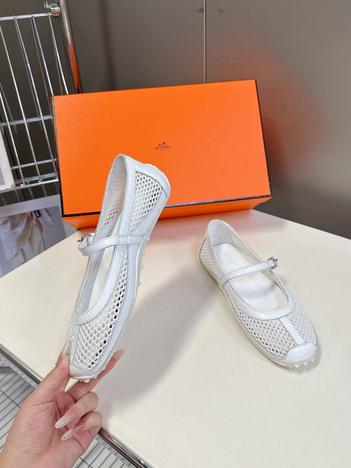 Hermes Women White Mesh Leather Mary Jane Flats