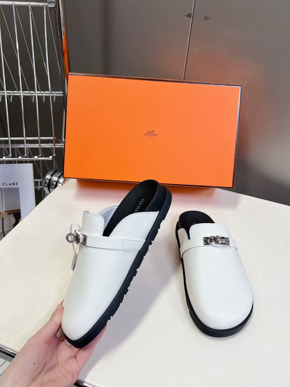 Hermes Women White Leather Mules