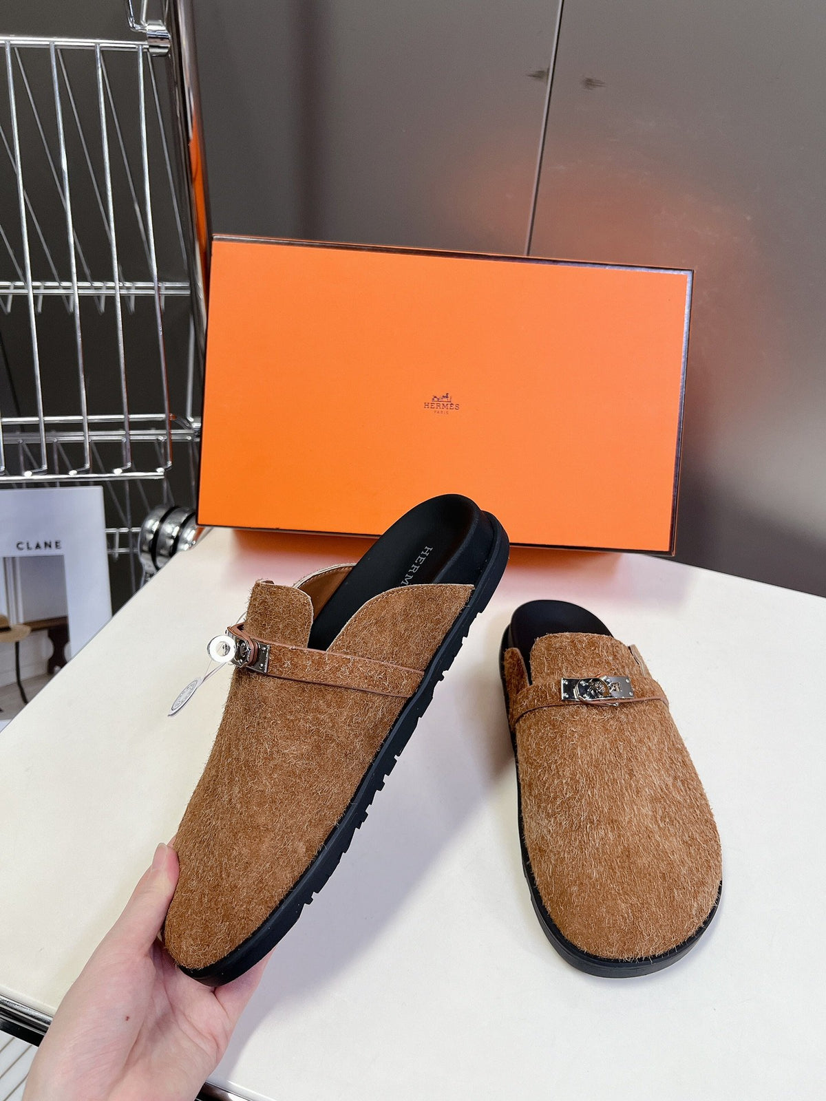 Hermes Women Brown Haircalf Leather Slippers