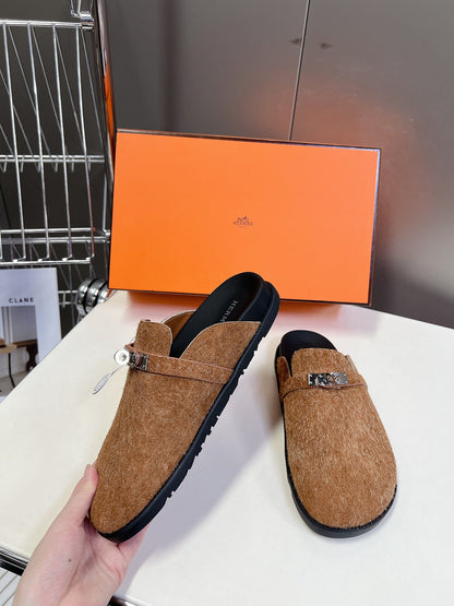 Hermes Women Brown Haircalf Leather Slippers