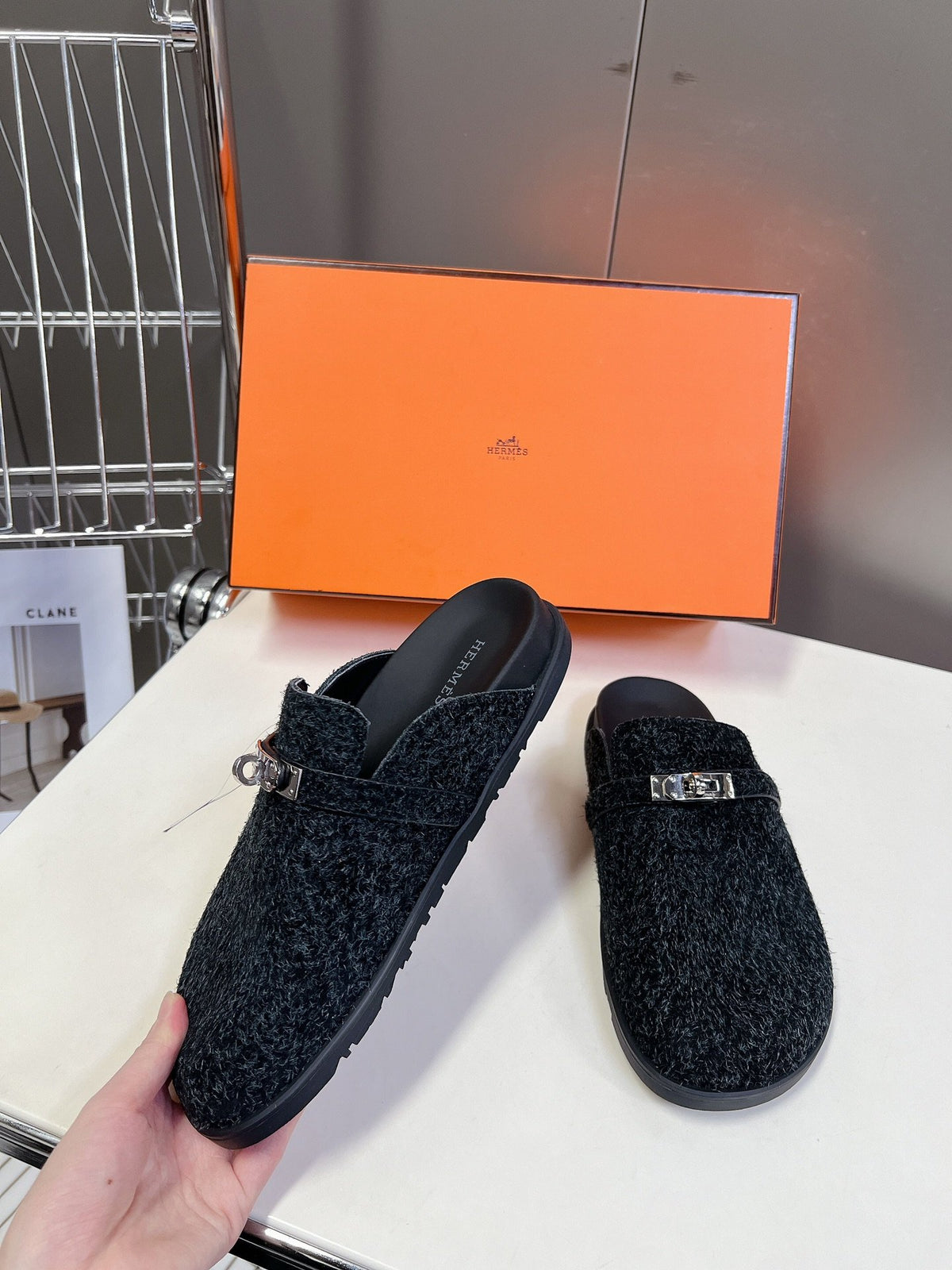 Hermes Women Black Fuzzy Fabric Mules