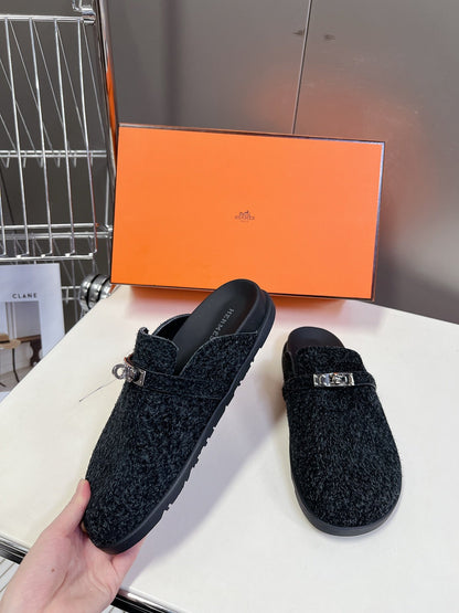 Hermes Women Black Fuzzy Fabric Mules