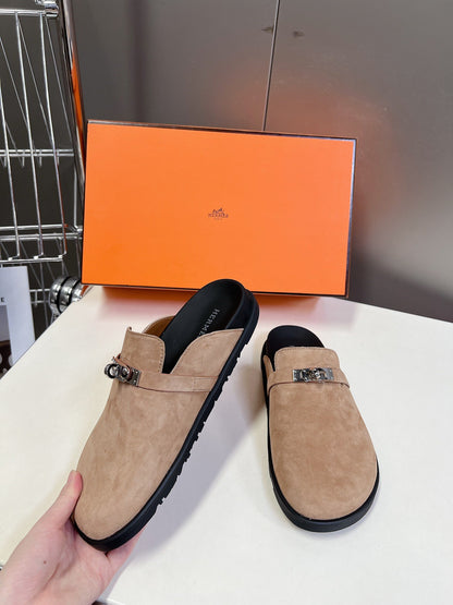 Hermes Women Beige Suede Leather Slippers