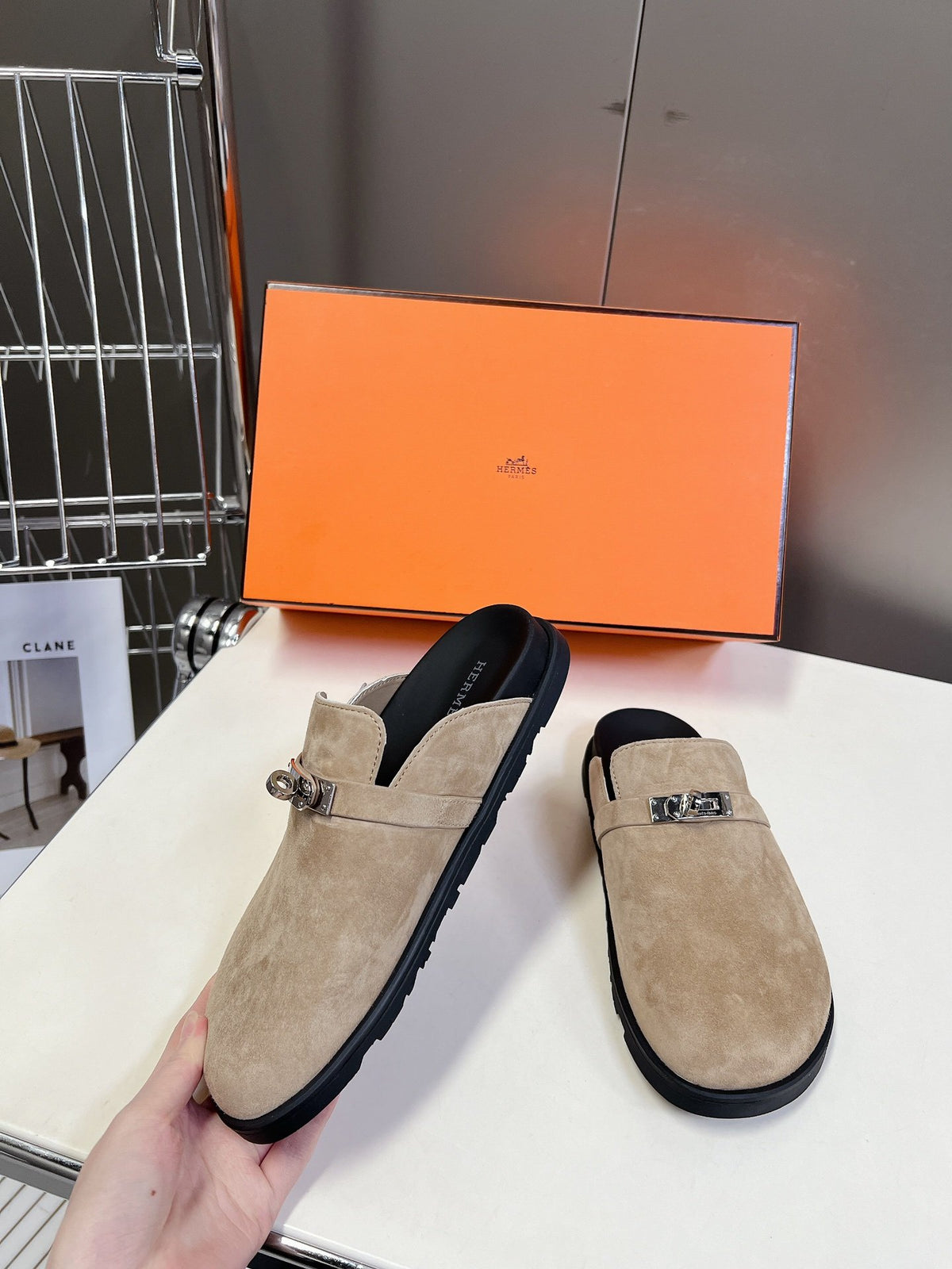 Hermes Women Beige Suede Mules