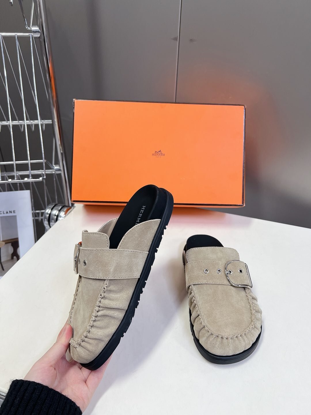 Hermes Women Beige Suede Buckle Mules