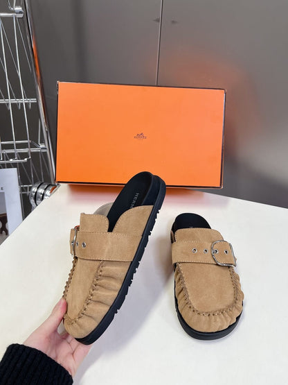 Hermes Women Beige Suede Buckle Mules