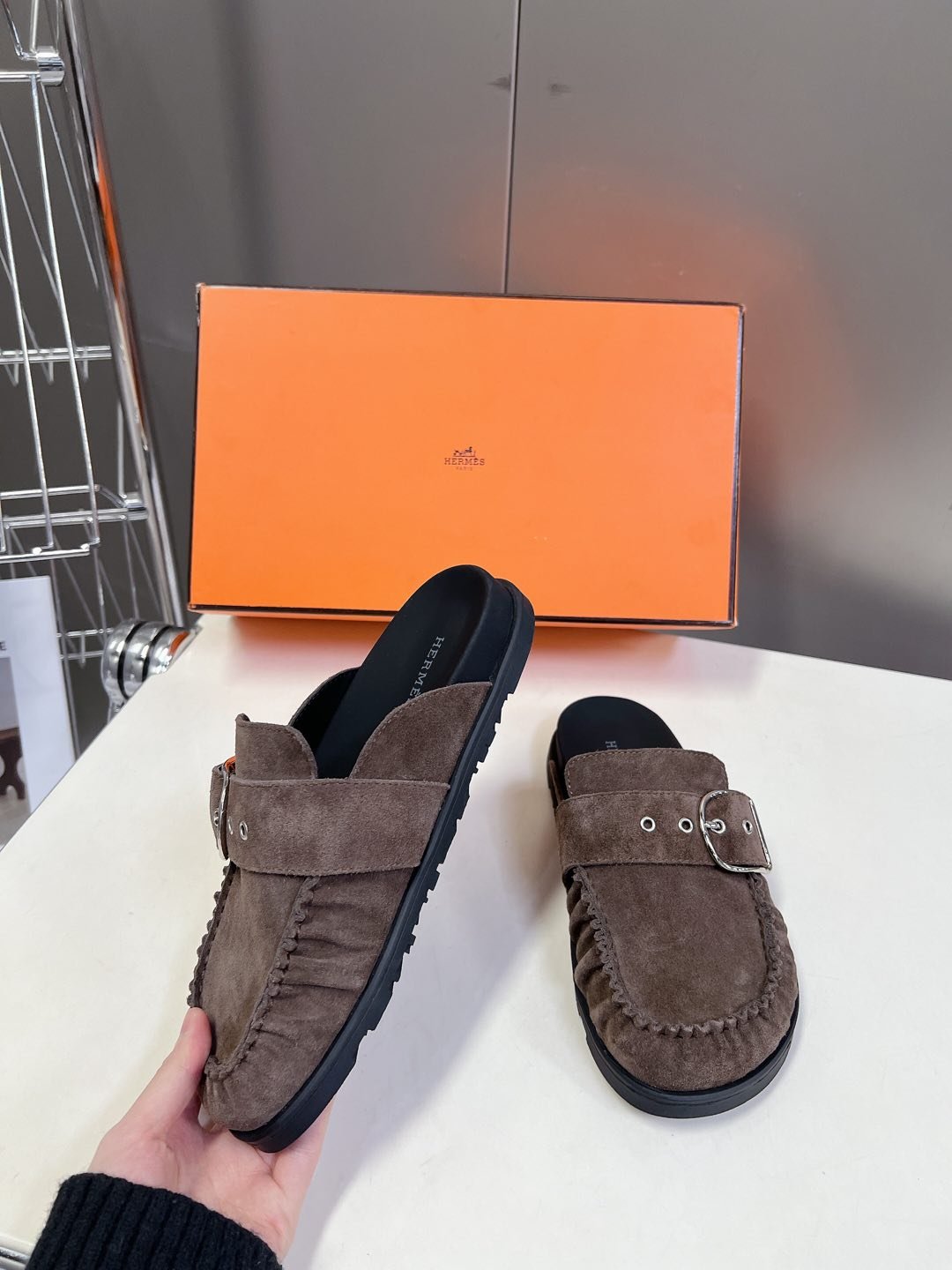 Hermes Women Brown Suede Buckle Mules