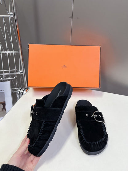 Hermes Women Black Suede Buckle Mules