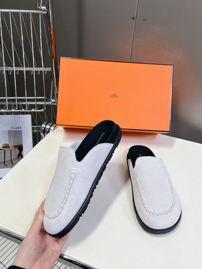 Hermes Women White Suede Leather Slippers