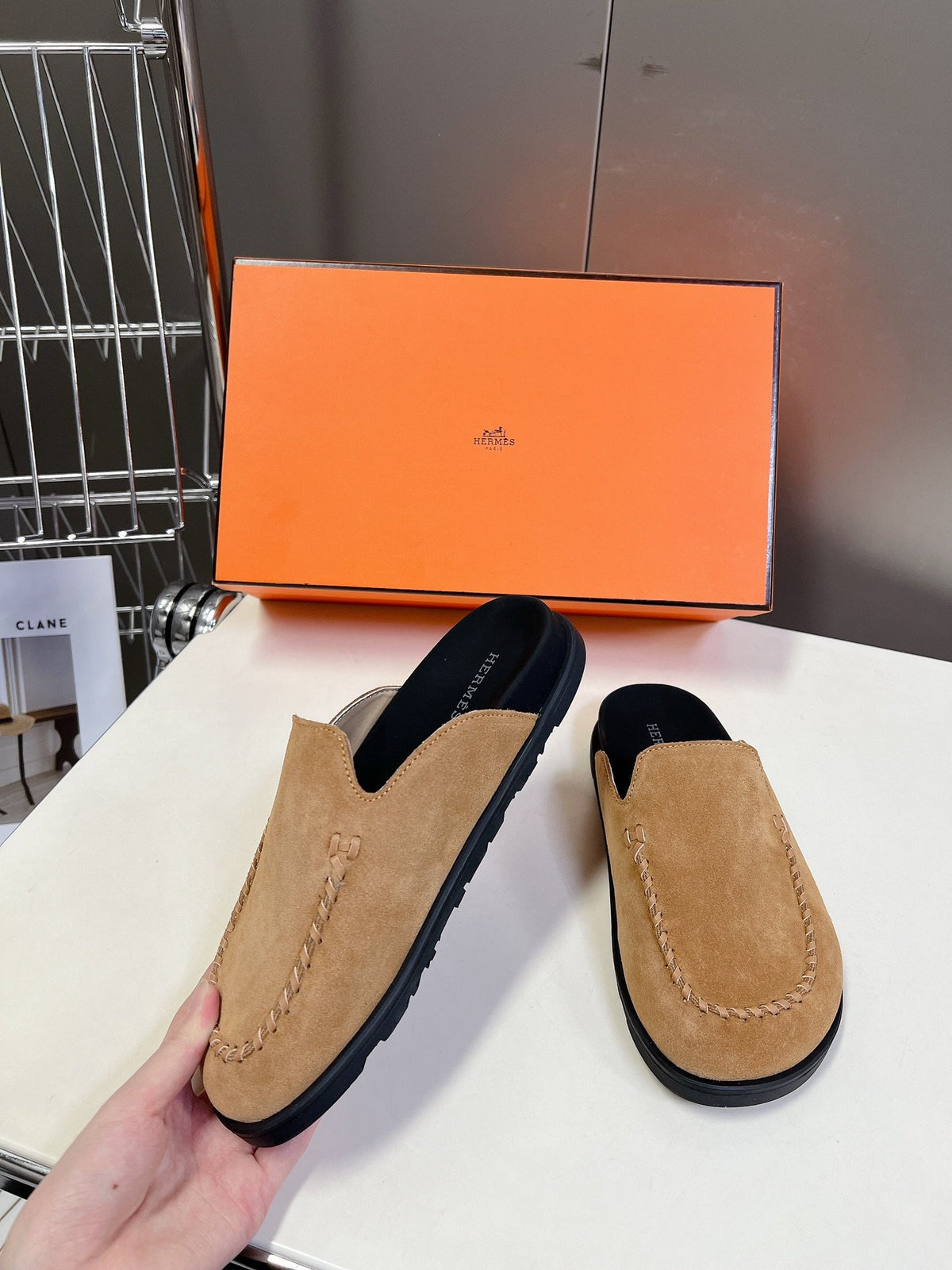 Hermes Women Tan Suede Slip On Mules
