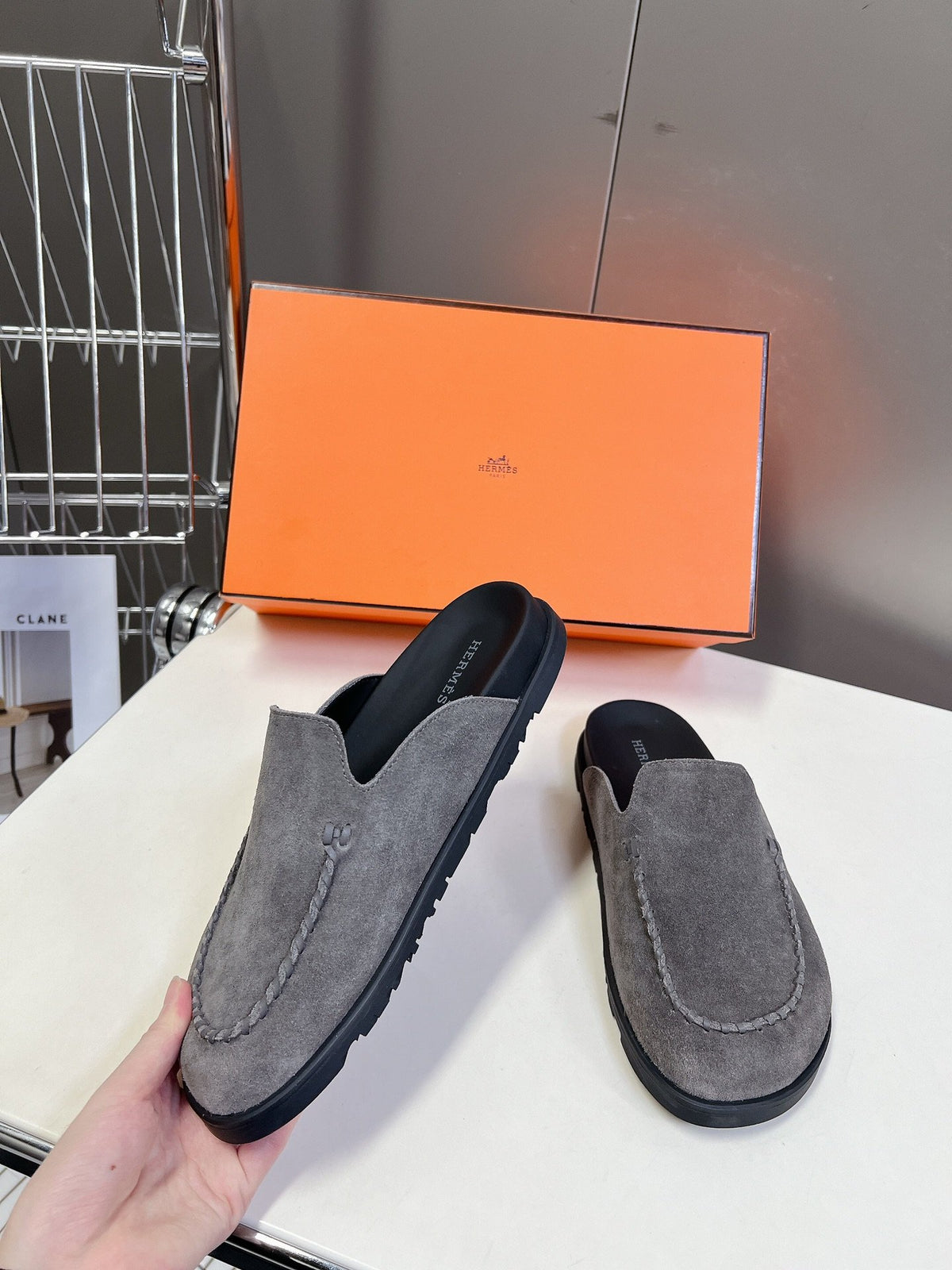 Hermes Women Gray Suede Slip-On Loafers