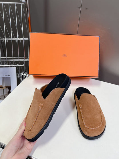 Hermes Women Tan Suede Slippers