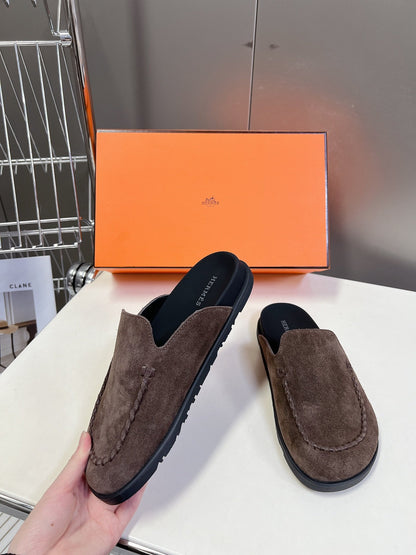 Hermes Women Brown Suede Slippers